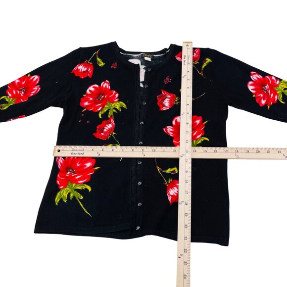 Elizabeth New York Floral Black Cardigan Sweater Red Poppies Large Button Front - Picture 3 of 4